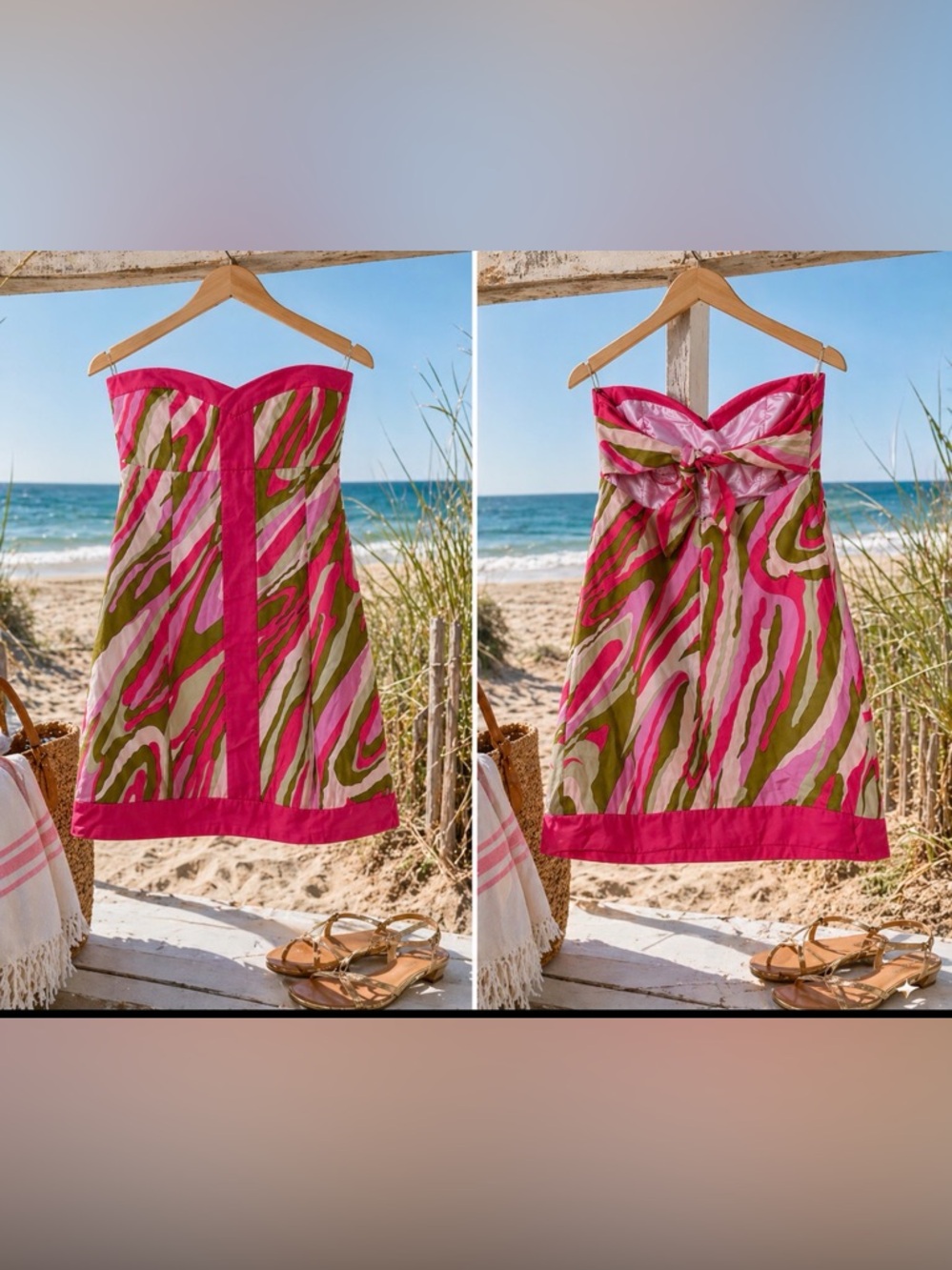 Britt Ryan Strapless Pink & Olive Print Summer Dress size 4